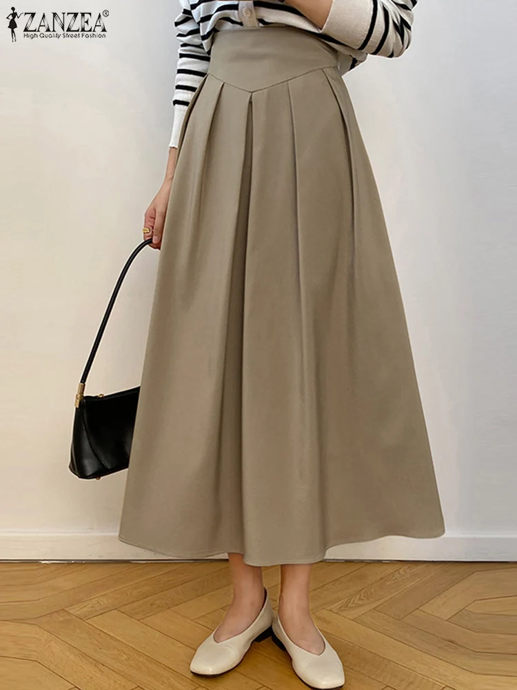 

ZANZEA Women Casual Midi Skirt High Waist Loose Pleat-Detailing Faldas Elegant 2023 Summer Jupe Elastic Waist Bottoms Oversized