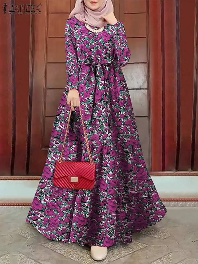 ZANZEA Full Sleeve O-Neck Floral Print Islamic Clothing Ramadan Muslim Women Dress Bohemian Elegant Casual Abaya Kaftan Robe