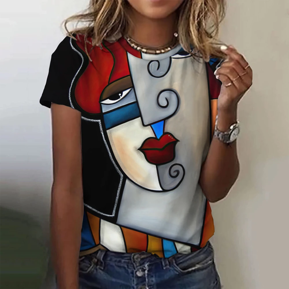 Sommarmodetopp för kvinnor 3D-blommiga t-shirts för flickor ansiktsmålning Haruku färgglada vackra kortärmade t-shirts överdimensionerade418_voghion.com