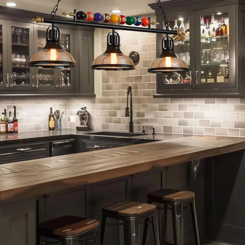레트로 당구 펜던트 램프 LED 3개의 유리 갓 조절 가능한 샹들리에 바 실내 산업 장식 조명용 식탁