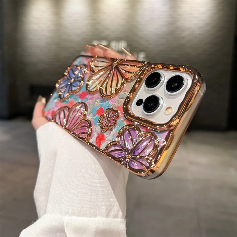 Luxury Plating Colour Fashion Flowers Phone Case For iPhone 11 12 13 14 15 Pro Max Soft Bumper Protector On 14 Pro Cover