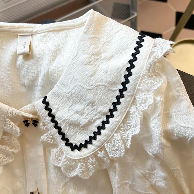 피터팬 칼라 셔츠 여성 카와이 레이스 부드러운 유행 프랑스 스타일 Mujer Blusas 여름 새로운 디자인 우아한 퍼프 슬리브 옷