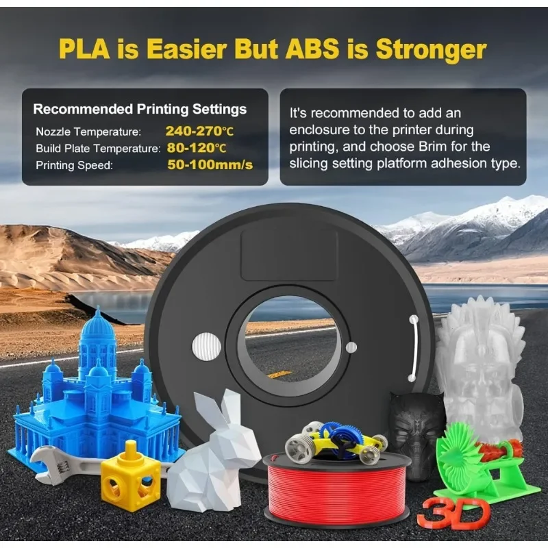 높은 내구성 ABS 3D 필라멘트, 대부분의 FDM 3D 프린터에 적합, 1kg 스풀 (2.2lbs), 강한 ABS, 1.75mm, ± 0.02mm