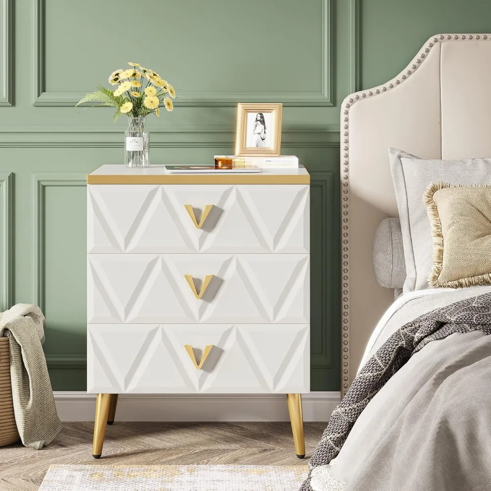 3-Drawer Nightstand Set of 2, Luxury Bedside Table End Table with Storage Drawers and Golden Legs, Modern Nightstand for Bedroo 5