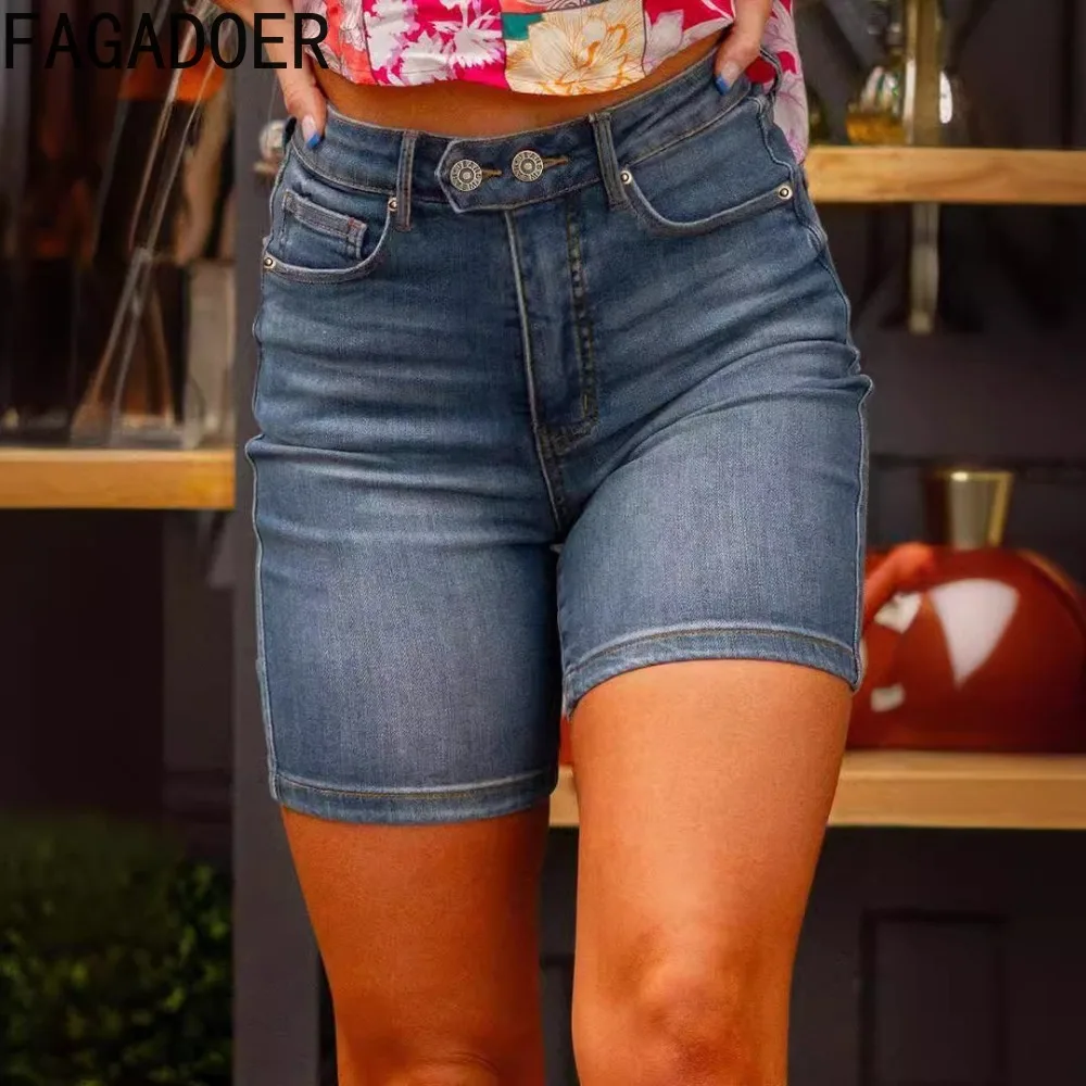 FAGADOER Summer New Denim Skinny Shorts Women High Waist Button Pocket Jean Shorts Casual Female Basis Simplicity Cowboy Bottoms