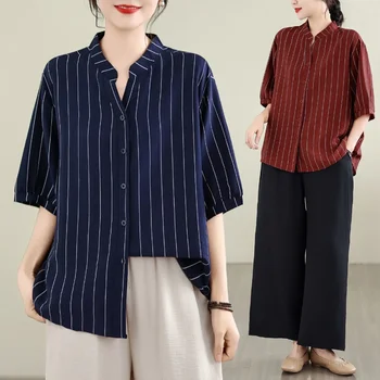 Women's Striped Linen Blend Shirt Stand Collar Short Sleeve Button Up Blouse Loose Casual Summer Tops Plus Size