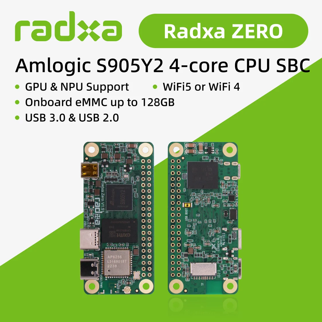 Radxa ZERO Amlogic S905Y2 4-core CPU SBC, GPU, WiFi 5 or