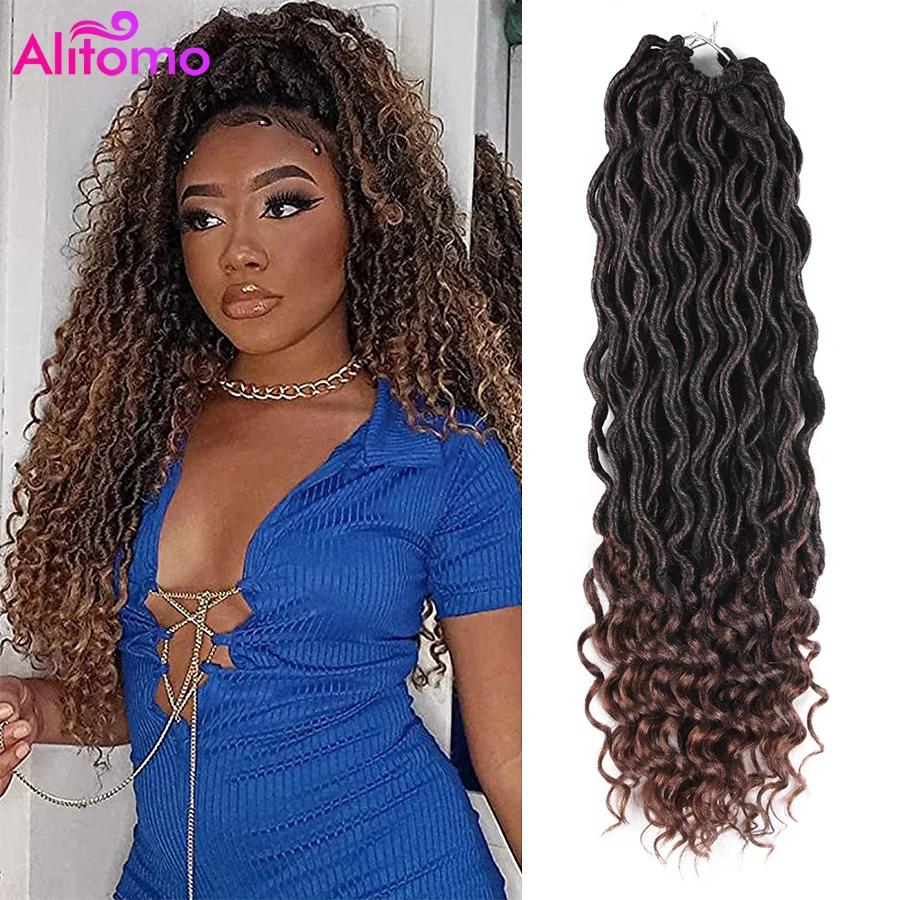 

Alitomo Goddess Faux Locs Crochet Hair Synthetic 20Inch Wavy Crochet Braids with Curly Ends Ombre Brown Braiding Hair Extensions