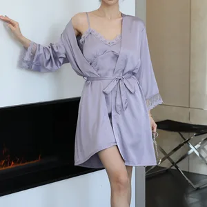 Female Twinset Robe Set Kimono Bathrobe Gown Sexy Backless Suspender Nightgown Lingerie with Bra Spring Summer Satin Home Dress