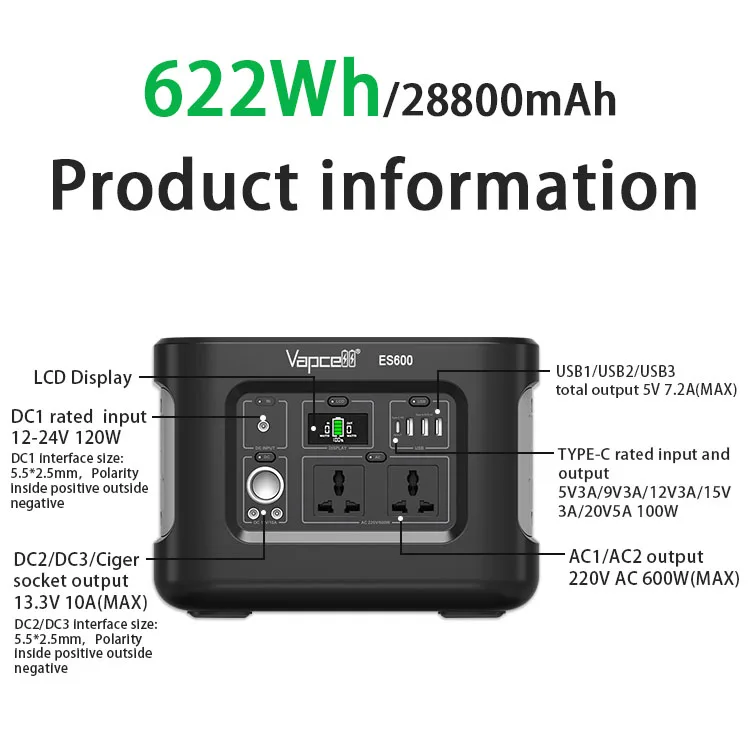 YYHC-New Fashion Portable 600W Power Station Outdoor Solar Power System 21.6V Lithium Battery 21.6V Storage Energy Battery Charg