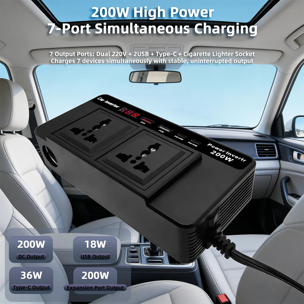  Inverter per Auto con Porta di Ricarica USB Type-C, da DC 12V a AC 220V 200W, Adattatore di Alimentazione Universale con Presa AC, Accessori Auto - immagine 6