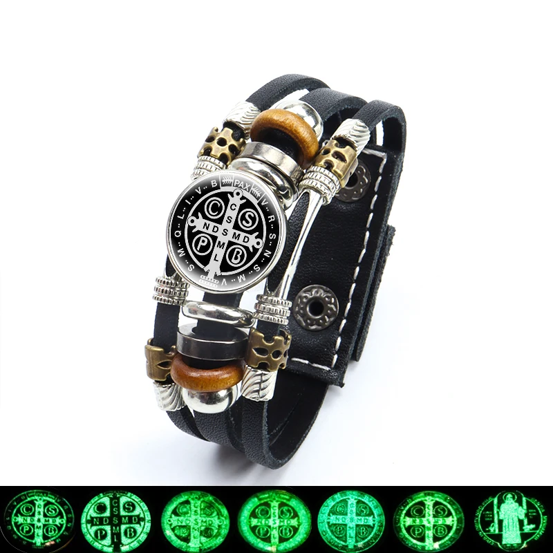 Leather Bracelet Luminous Saint Benedict Medallion Leather Bracelet Catholic San Benito Glass Cabochon Snap Button Bangles Multilayer Wristband