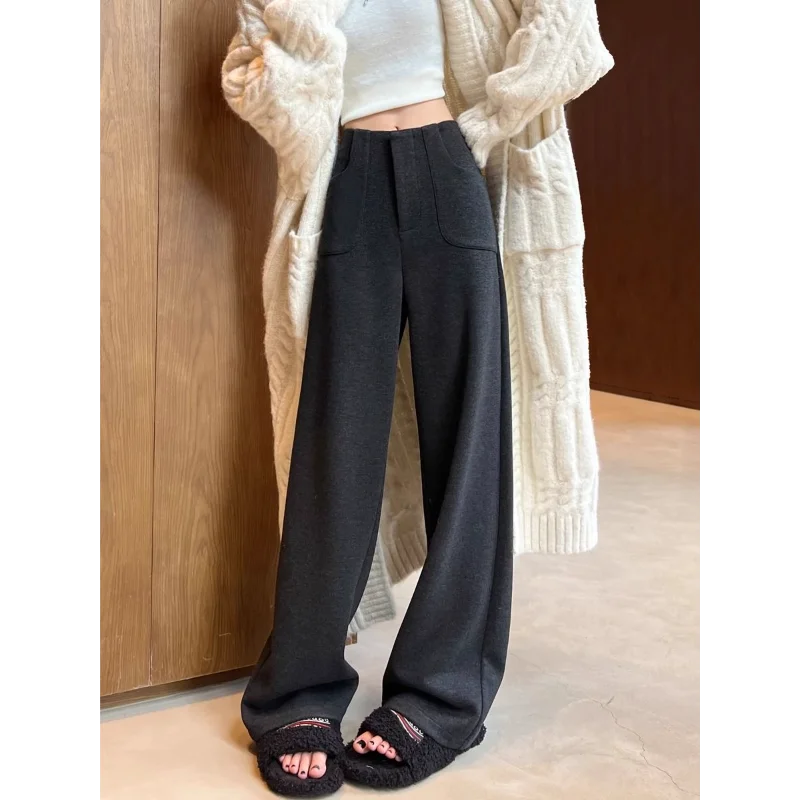 Abito di lana a vita alta ispessito autunno inverno da donna bianco a gamba larga Pantaloni dritti casual alla moda 2