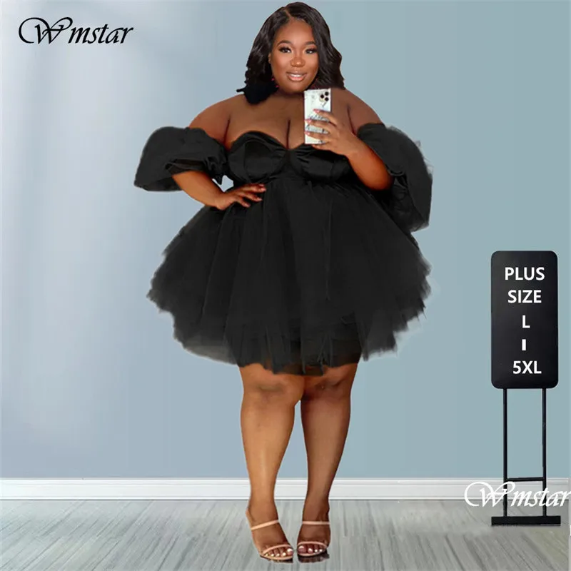 Wmstar Plus Size Party Dresses Women 5xl Sexy V Neck Mesh Elegant Birthday Outfits Mini Dress Summer 2022 Wholesale Dropshipping