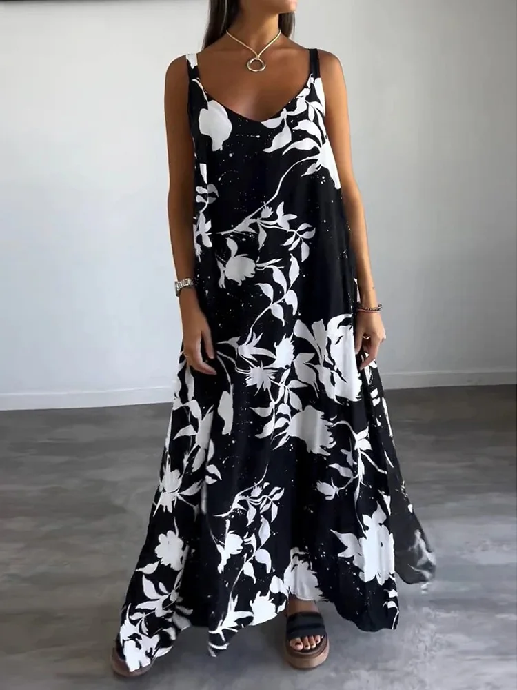 

V-Neck Backless Fashion Loose Party Dress, Women Summer Printed Loungewear Sleeveless Maxi Dress, Patchwork Elegant Ladies Dress