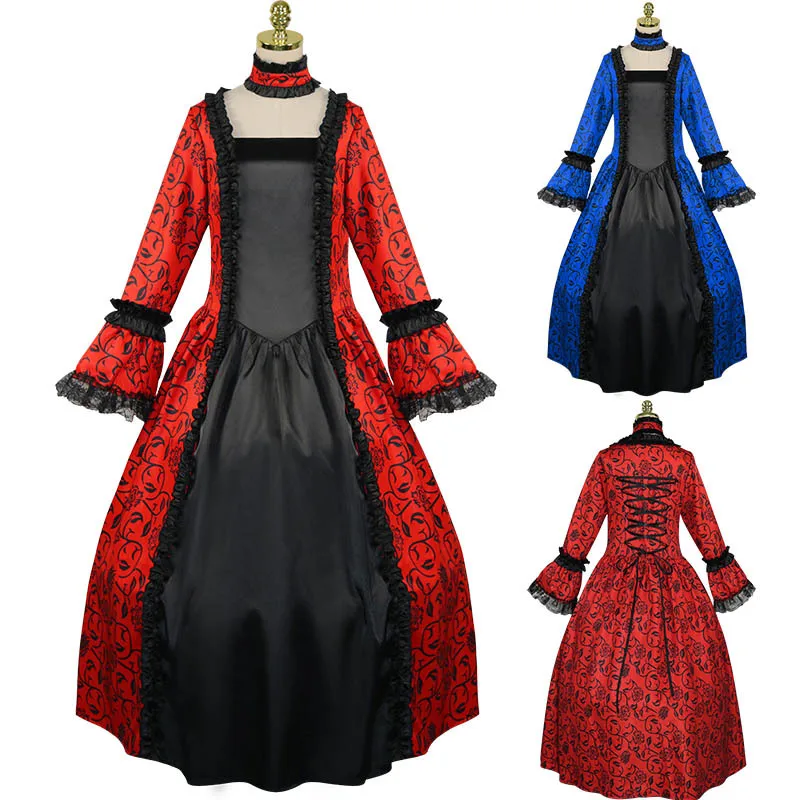 Medieval Vintage Women's Square Neck Flared Style Dress Stage Performance Costume