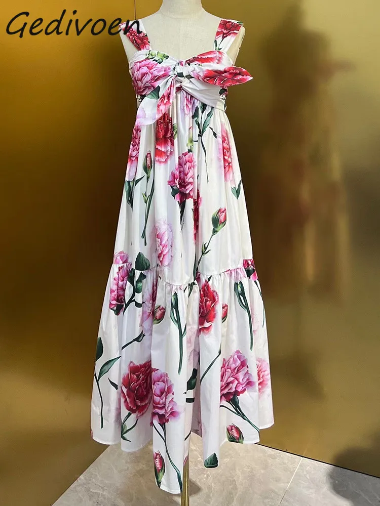 

Женское модельное платье с цветочным принтом Gedivoen, Элегантное Длинное Платье на бретельках с квадратным вырезом, бантом и открытой спиной, с эластичным поясом и оборками на лето