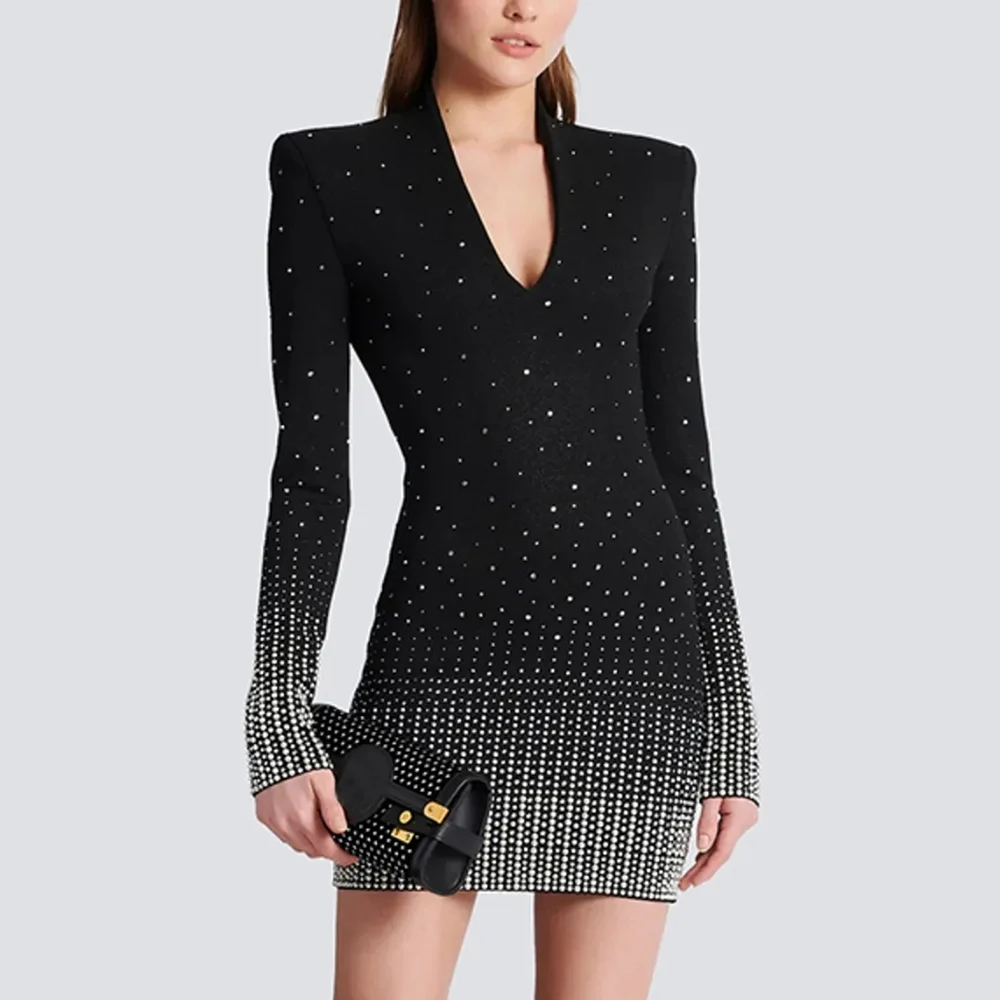 

2023 Autumn New Women's Heavy Industry Gradient Hot Diamond V-Neck Long Sleeve Knitted Mini Dress Bodycon Celebrity Club Dress