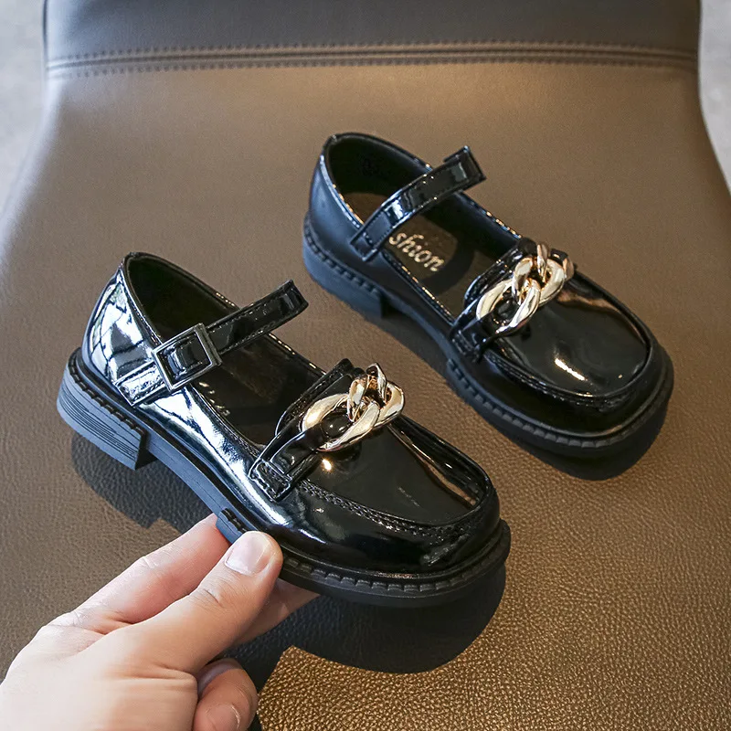 2023 Princess PU Shoes 2023 Spring New Black UK Uniform Shoes for Students  Soft Kids Girls with Metal Shallow Children Mary Jane