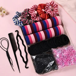 Women's Dark Hair Accessories Set - Elastic Ponytail Scrunchies, Fashion Head Ties & Rubber Bands (1109 pcs) (Striped Scrunchies)