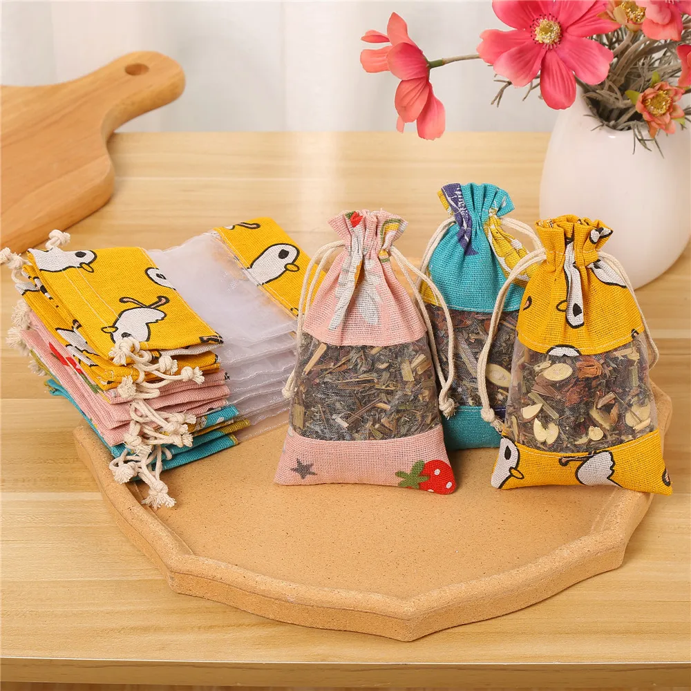 50pcs/lot New 10*15cm Cartoon Printed Clear Window Linen Drawstring Bag Jewelry Candy Gift Packaging Organza Bag