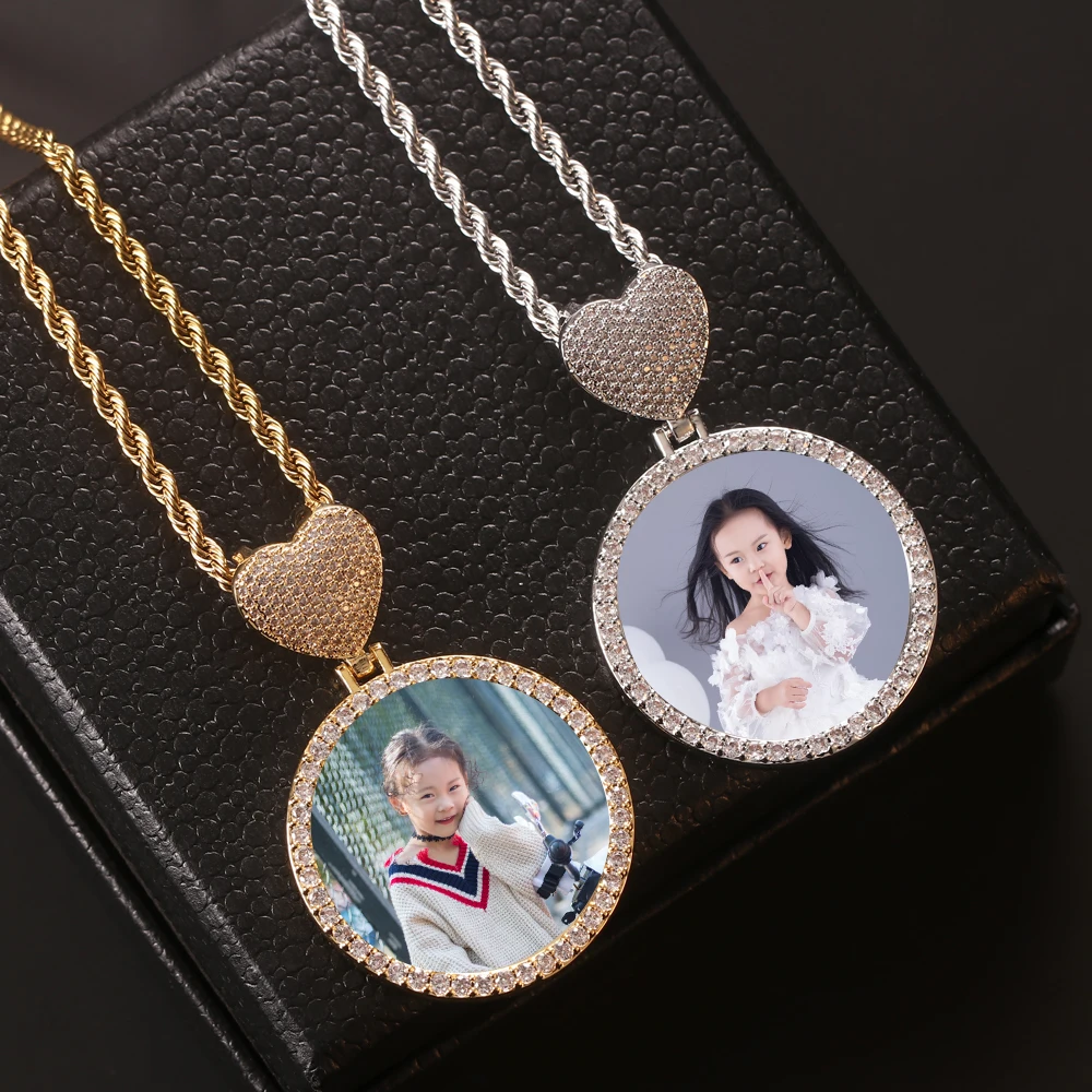 New Custom Hip Hop Gold Silver Color Cubic Zircon Jewelry CZ personalized  round photo sublimation necklace pendant