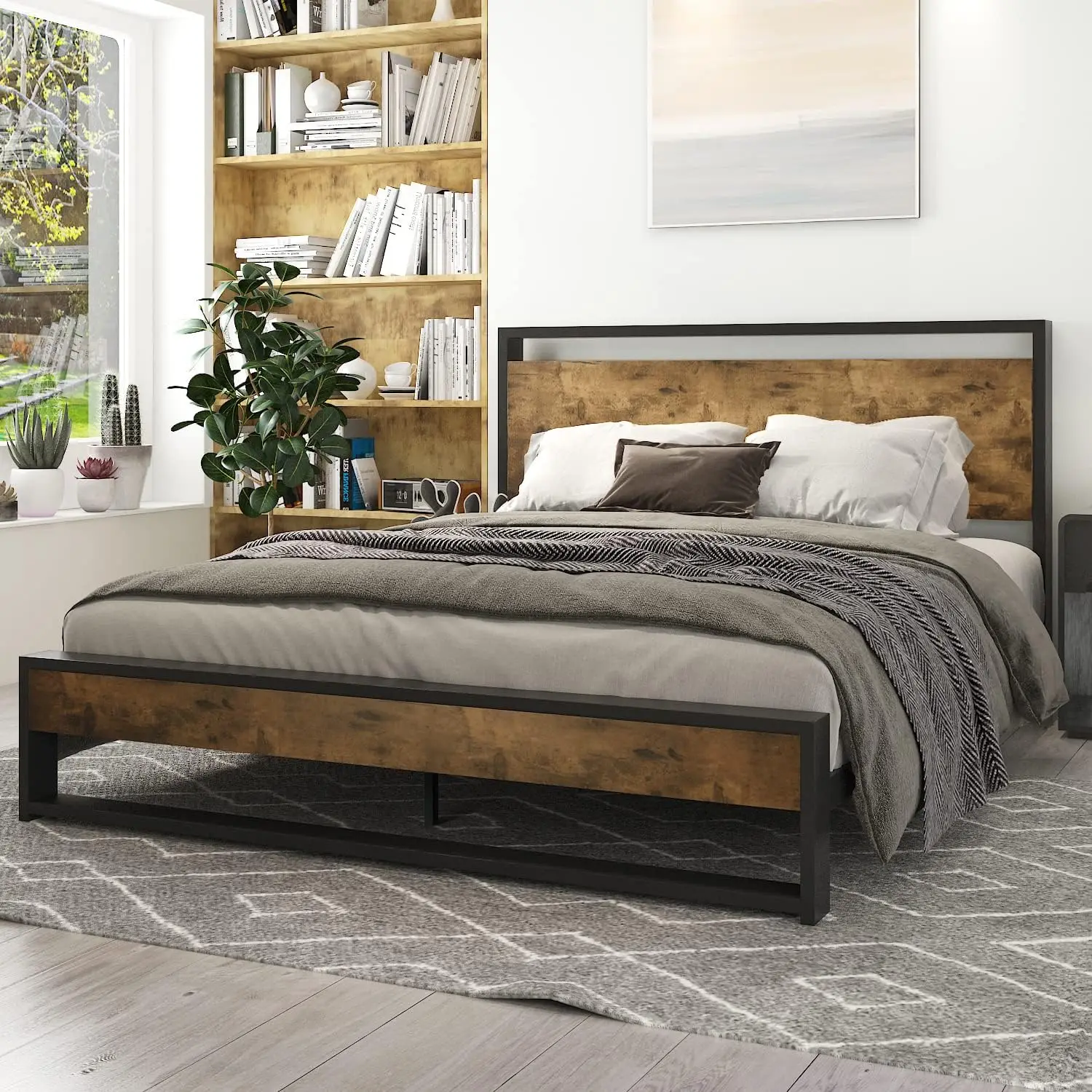 Queen Bed Frame with Wood Headboard, Modern Rustic Style Platform Bed Frame Queen Size, Heavy Duty Strong Metal Slats Support 3
