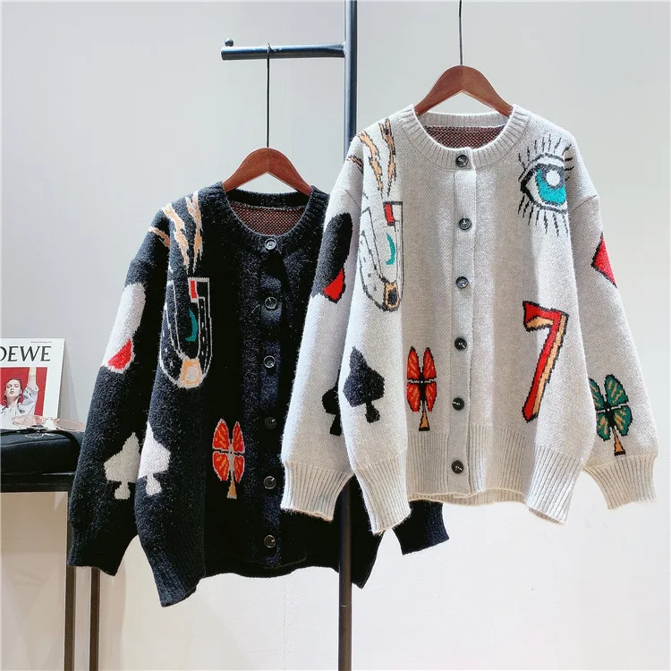 

2022 Autumn Women's Color Contrast Jacquard Sweater Coat Loose Knitted Cardigan
