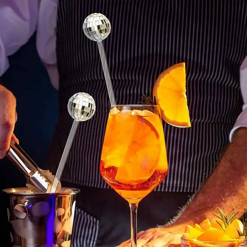 Cocktail Stir Sticks 10 Pcs Disco Balls Cocktail Stirrers Round Top Disco Stirring Sticks Mirror Ball Coffee Beverage Mixing Sticks For Bar Party