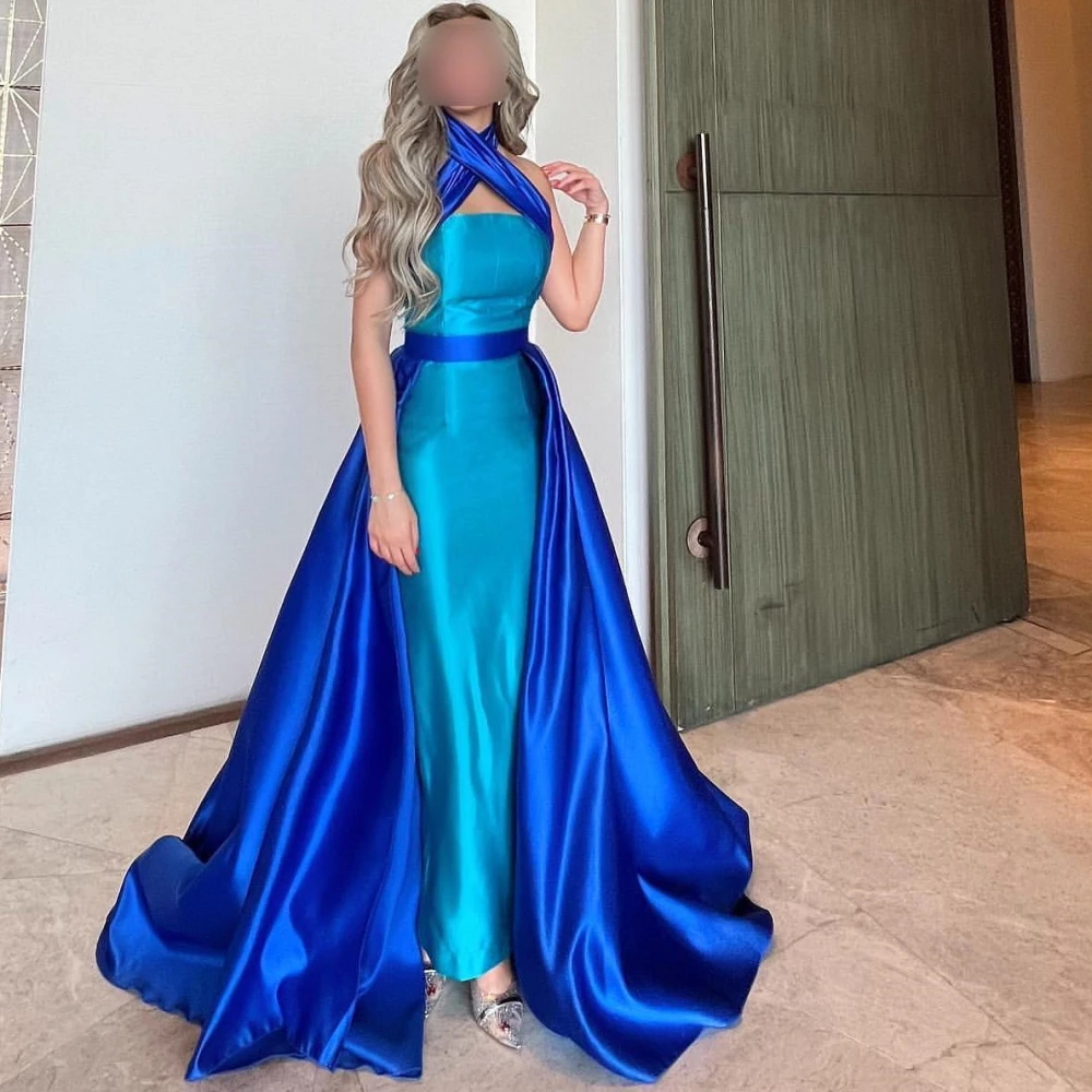 

Qcenkern Halter Neck Elegant Evening Formal Saudi Arabia Sleeveless Long Pleated Party Dresses Gowns Women Robes de Soirée 2023