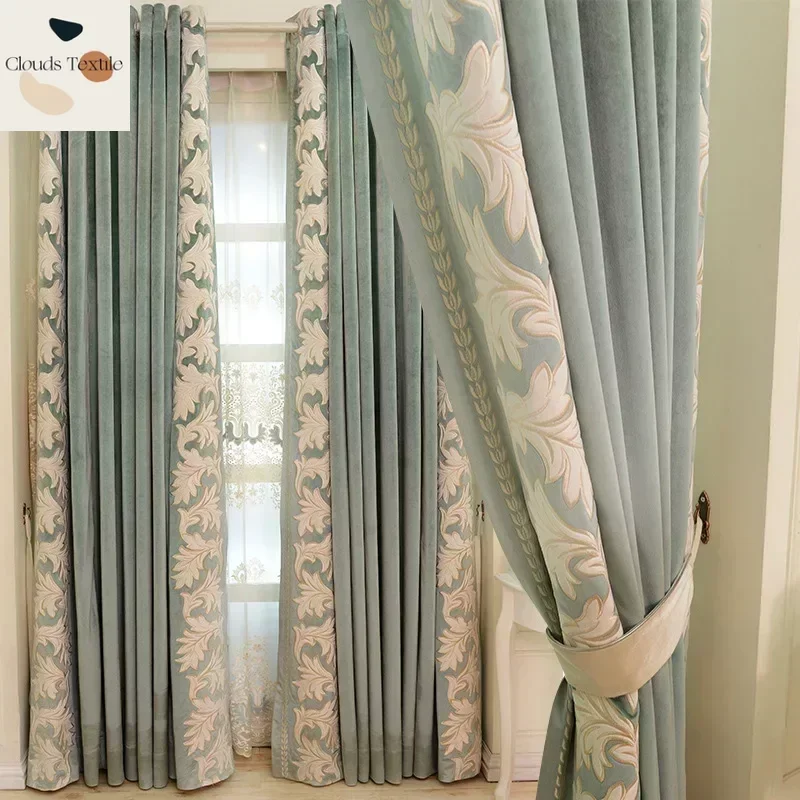 European Style Curtains for Living Dining Room Bedroom Luxury Custom Blackout Embroidery Stitching Door Window Curtain