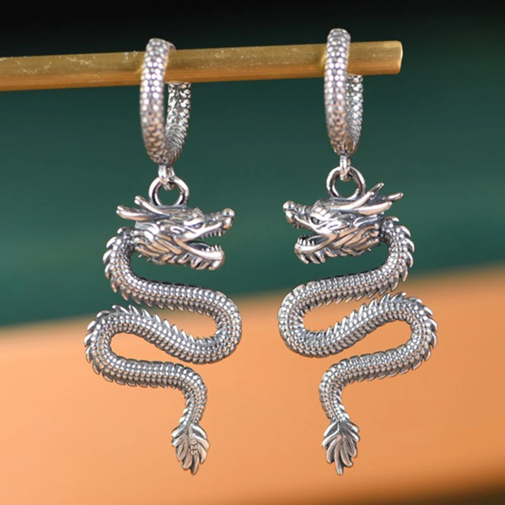 

New Arrival S925 Sterling Silver Lucky Earrings Bless Dragon Carved Hoop Earrings