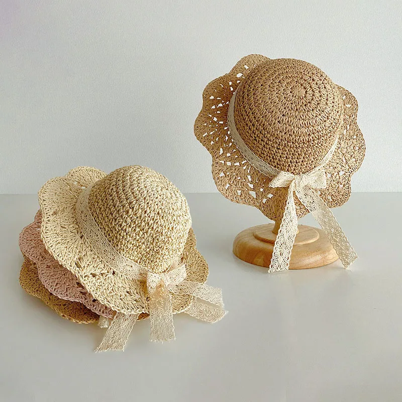 

Summer Beach Baby Girls Straw Hat Wide-brim Woven Kids Sun Protection Lace Bow Cap Kids Princess Fisherman Hats Gorro