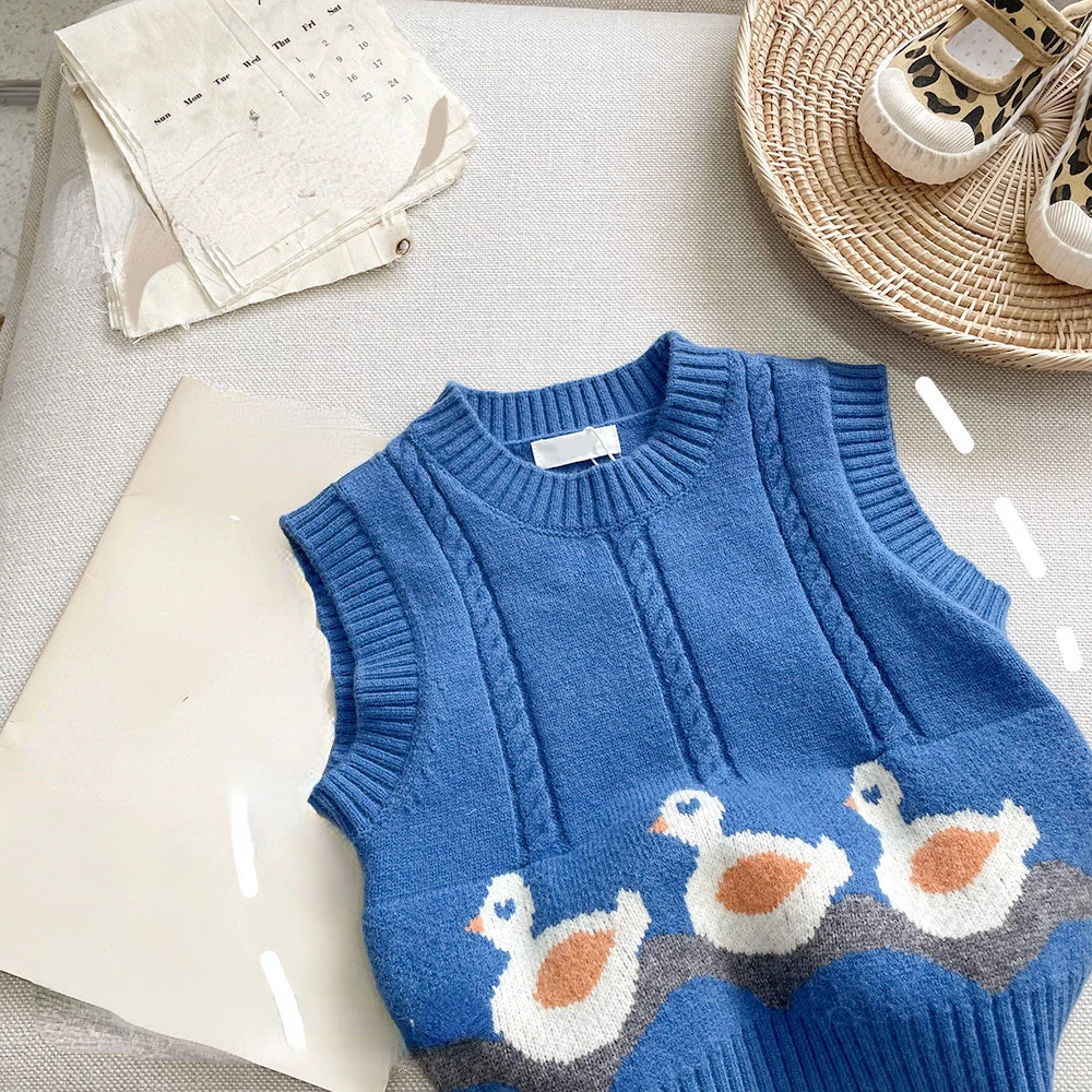 Sleeveless Sweater for Girls Autumn O neck Children Knitwear Baby Boys Knit Vest Cartoon Pattern