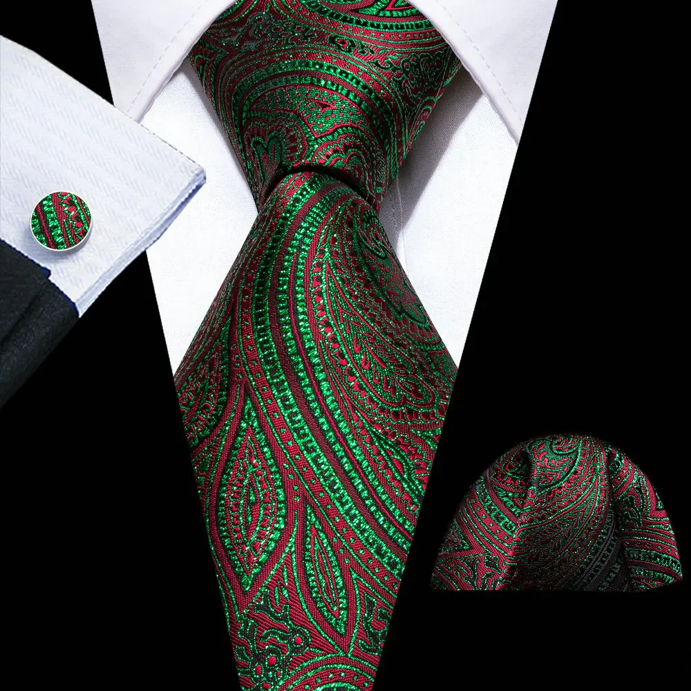 

Fashion Green Red Paisley Men Silk Necktie Brooches Men Tie Handkerchief Cufflinks Sets Men Gift Barry.Wang Designer FA-5834