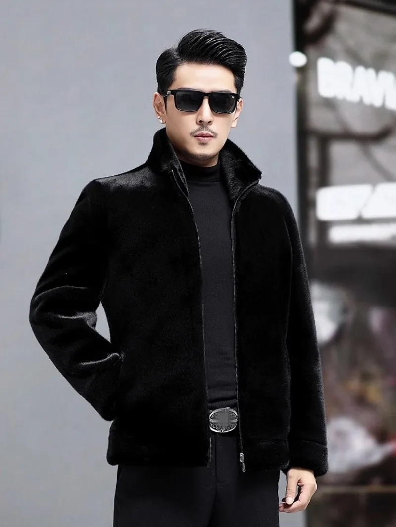 Description Picture 6 of itemLuxury Mens Faux Fur Coat Winter Fashion Stand Collar Long Sleeve Business Casual Double-Sided Jacket Male Outerwear Short Coats