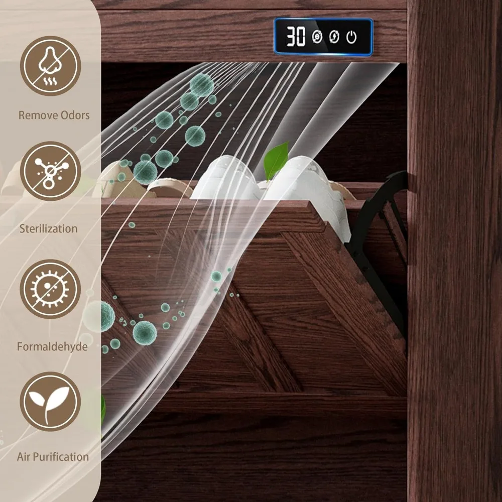 Slim Shoe Storage Cabinet with Deodorizer, 2 Flip Drawers for Entryway, Freestanding Hidden Shoe Rack in Walnut