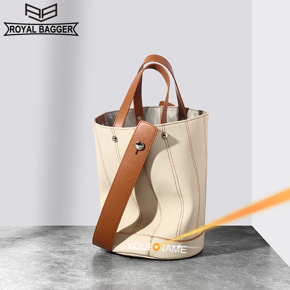 

Royal Bagger Large Capacity Handbag for Women Fashion Contraste Color Shoulder Bucket Bags Genuine Cow Leather Tote Bag 2360