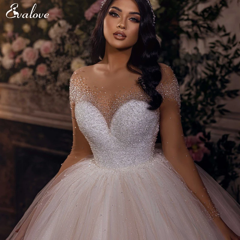 EVALOVE robe de mariée romantique, col rond, boutons, robe de bal, luxueuse, personnalisée