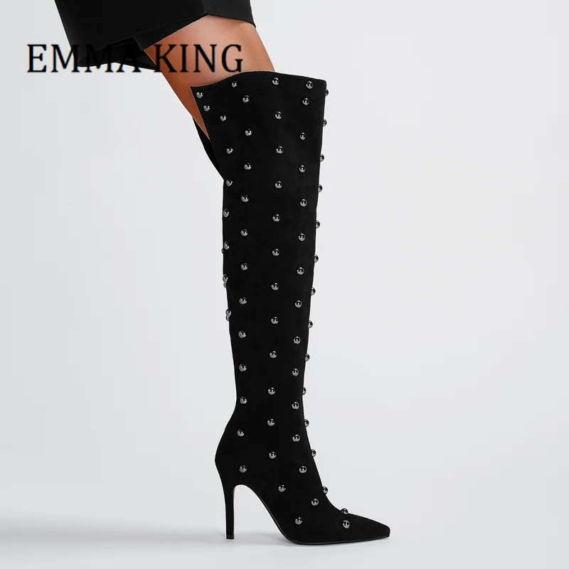 

Women Studs Thigh High Boots Female Faux Suede Leather Over-the-knee Stiletto Boots Sexy Pointy Toe Side Zipper Embellished Boot