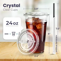 Disposable Clear Plastic Cups with Flat Lids - BPA - Free Premium Smoothie and Iced Coffee Cups - 50pcs (24OZ)
