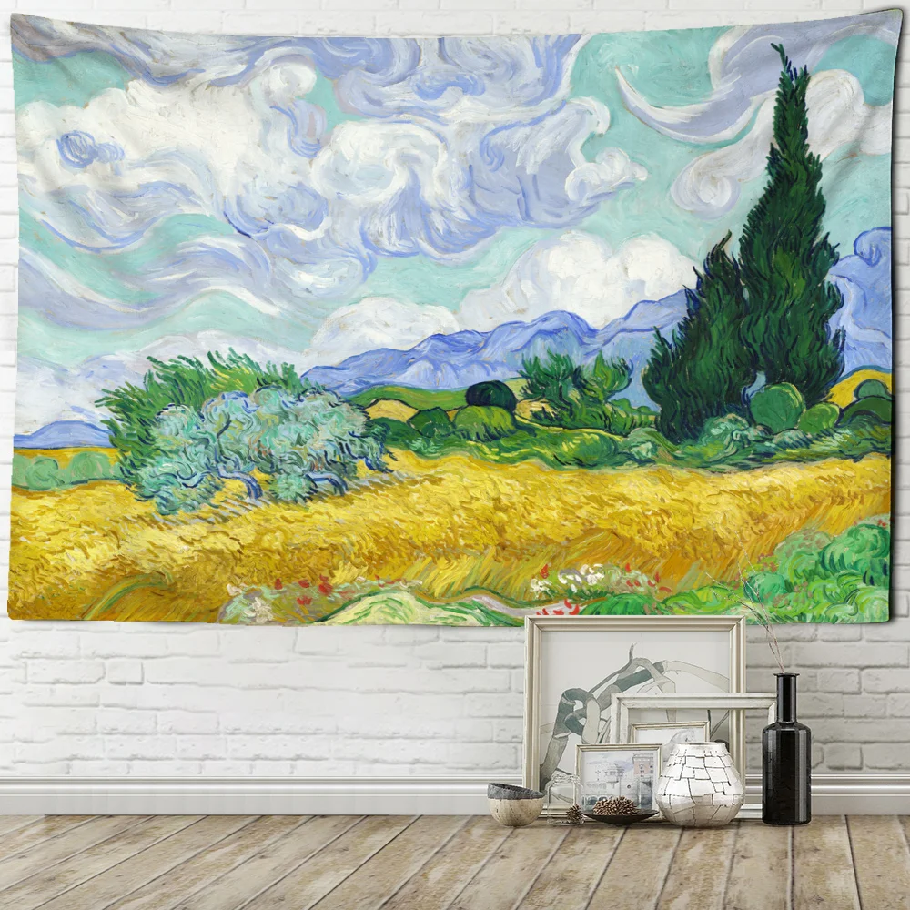 Campo de trigo e cipreste tapeçaria van gogh paisagem sala estar casa fundo  pendurado pano decoração parede tapiz - AliExpress, image size:1000x1000