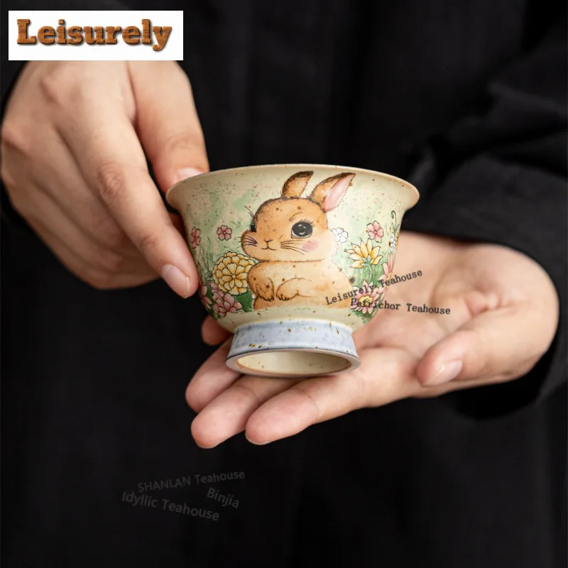 75ML Caramel Glaze Rabbit Flower-picking Teacup Zen Tea Bowl Mug Tea-tasting Meditation Cup Jianzhan Master Cups Drinkware Gift