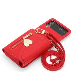 Stylish Crossbody Leather Wallet Phone Case with Love Card Holder and Lanyard Strap for Galaxy Z Flip3 (Red)