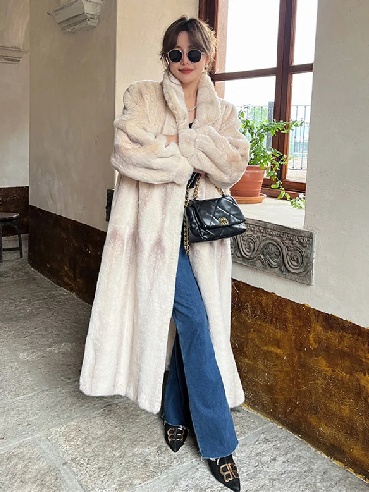 

High quality Winter Gradient Stripe Hairy Shaggy Mink Faux Fur Coat Long Sleeve Furry Jacket Women Stand Collar Midi Outerwear