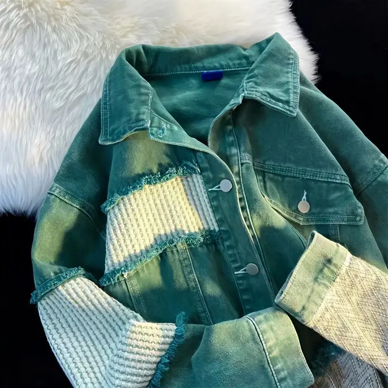

Female Age American Vintage Cowboy Coat Jacket Hong Kong Style Fashionable Loose Stitching Green Personality Wild Trend