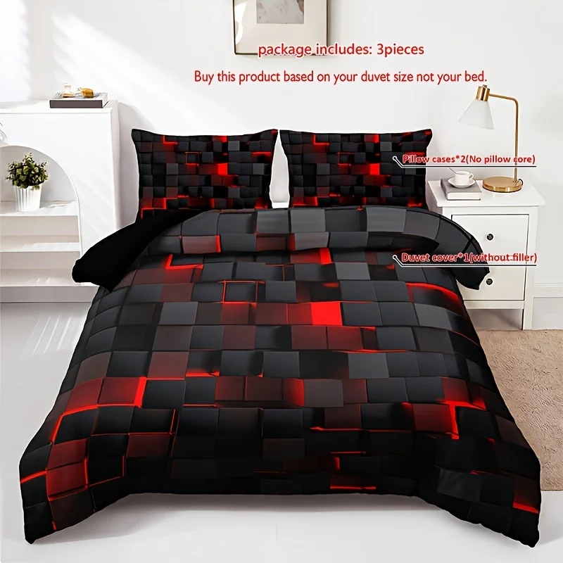 3 Set of Technology Plaid down Quilt Cover，Breathable polyester，Suitable All Seasons，Digital Printing，Washable，Woven