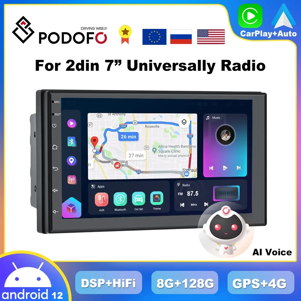 Podofo AI Voice 2din Android Car Radio Multimedia Video Player Autoradio 2 Din CarPlay Stereo GPS Maps For VW Nissan Toyota car multimedia player car radio car radio player car music player
