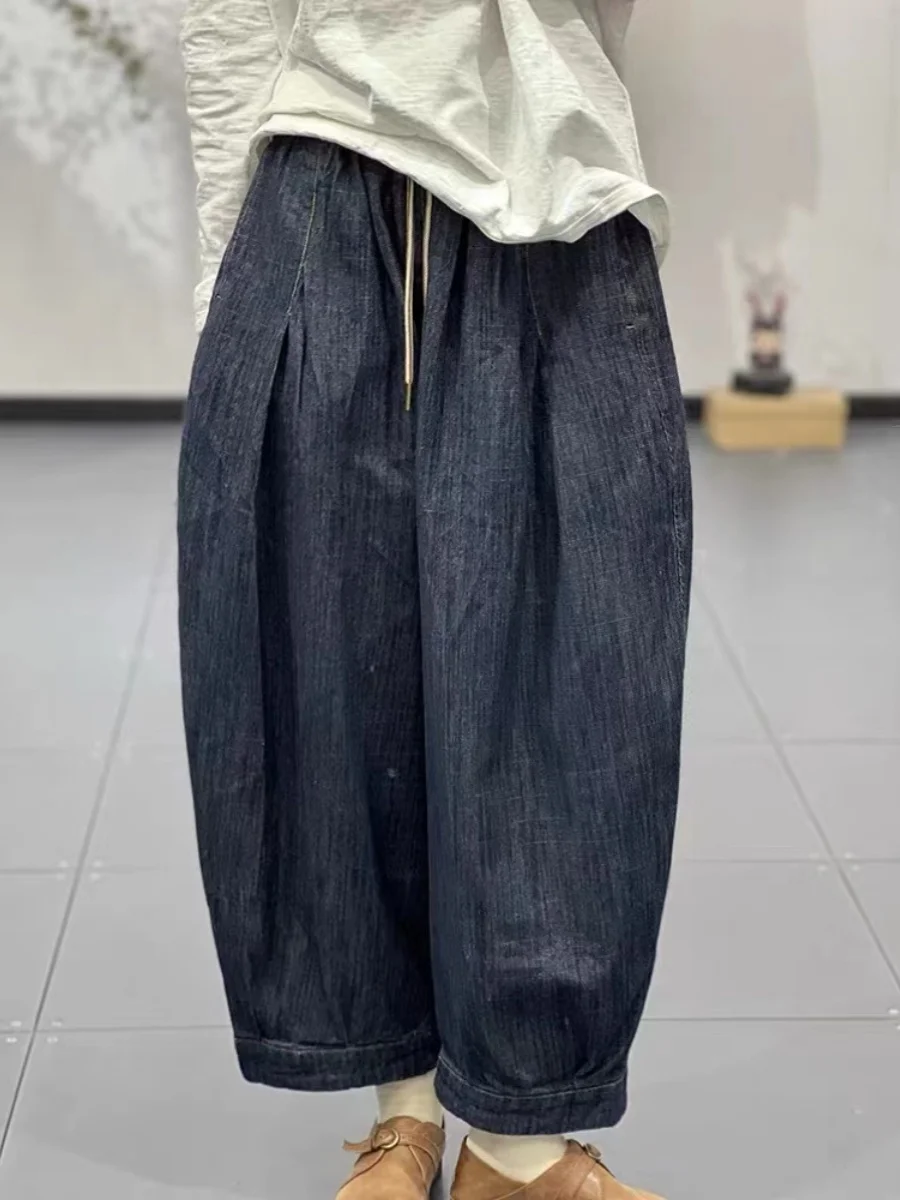 수출 품질 빈티지 예술적 패션 Drawstring 탄성 허리 다목적 데님 하렘 바지 여성 의류 