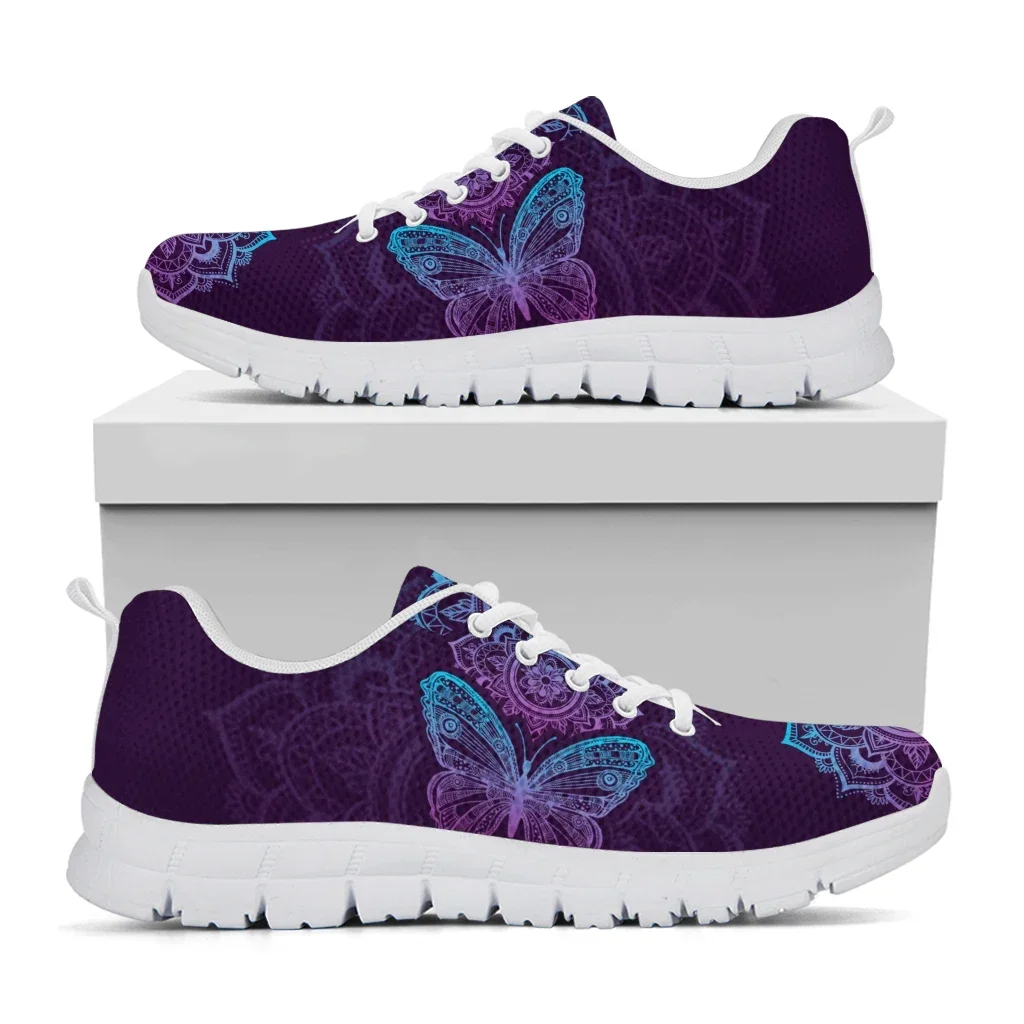 Purple Bohemian Mandala Flower Design Lightweight Outdoor Shoes Butterfly Pattern Comfortable Platform Sneakers